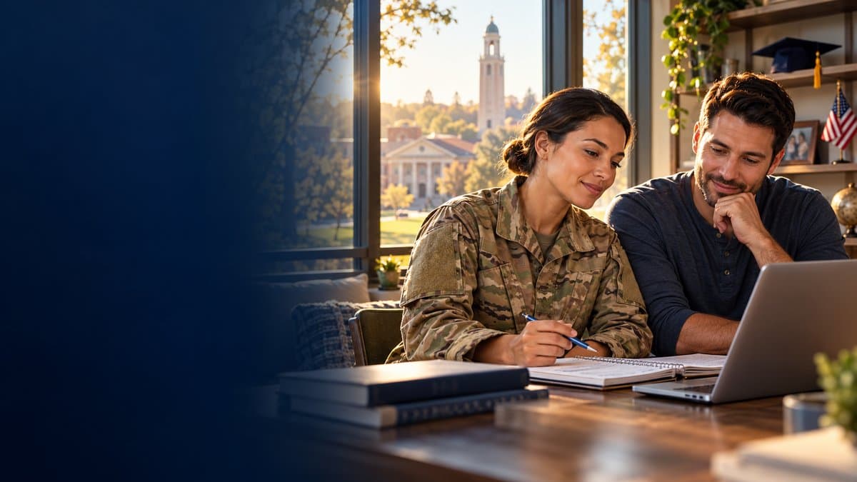Veteran students collaborating on a campus — symbolizing flexible degree options and building the future together